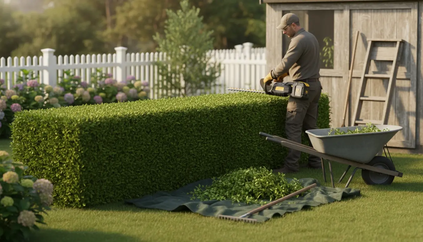 Person trimmer top og sider af en lille hæk i en solrig have med hækkeklipper og trillebør med afklip.