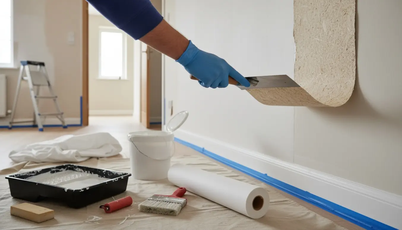 Hænder fjerner savsmuldstapet og en arm ruller maling i et lyst rum med filt og værktøj.