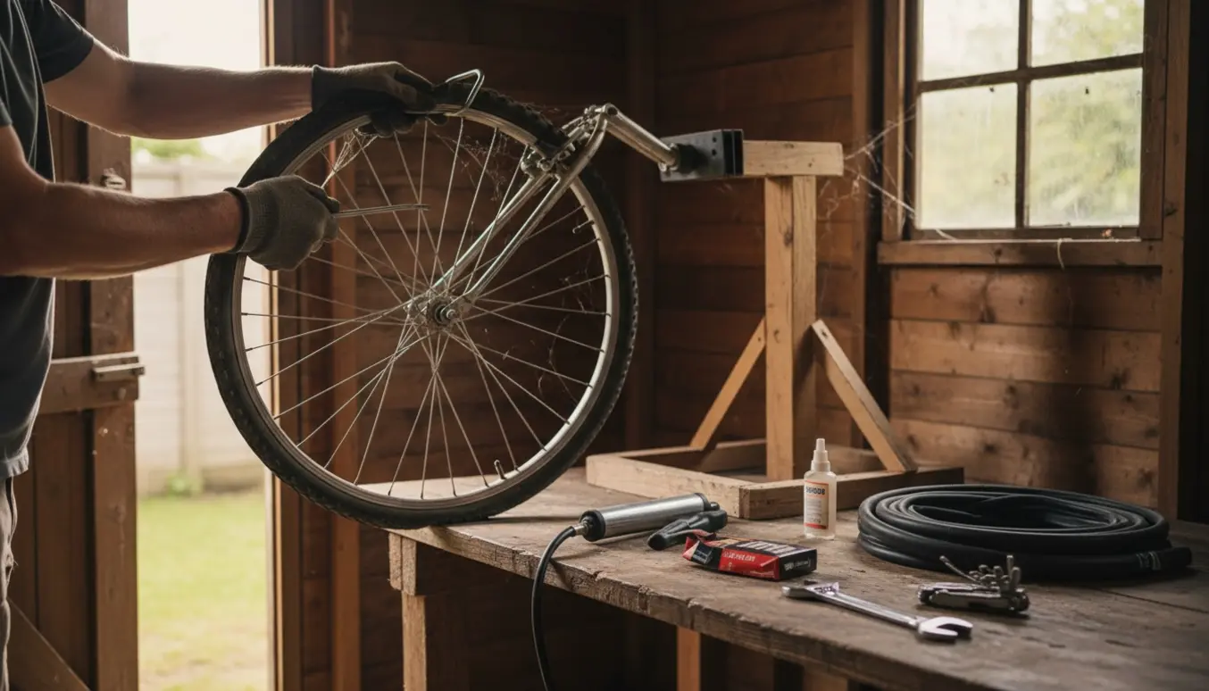 Hænder skifter dæk på en cykel i et skur med nye dæk og værktøj ved siden af.