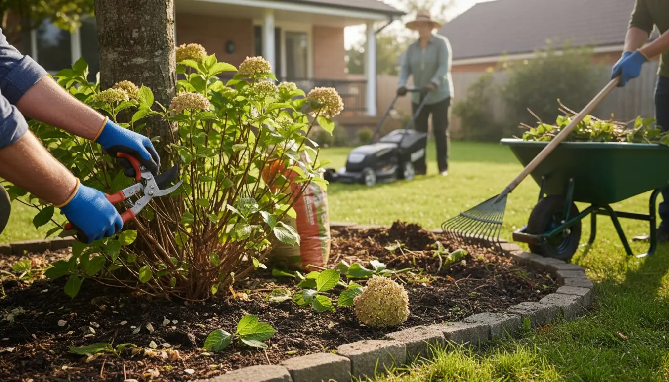 Forhave med lille græsplæne, nye kantbede, beskårne buske og haveværktøj under oprydning.