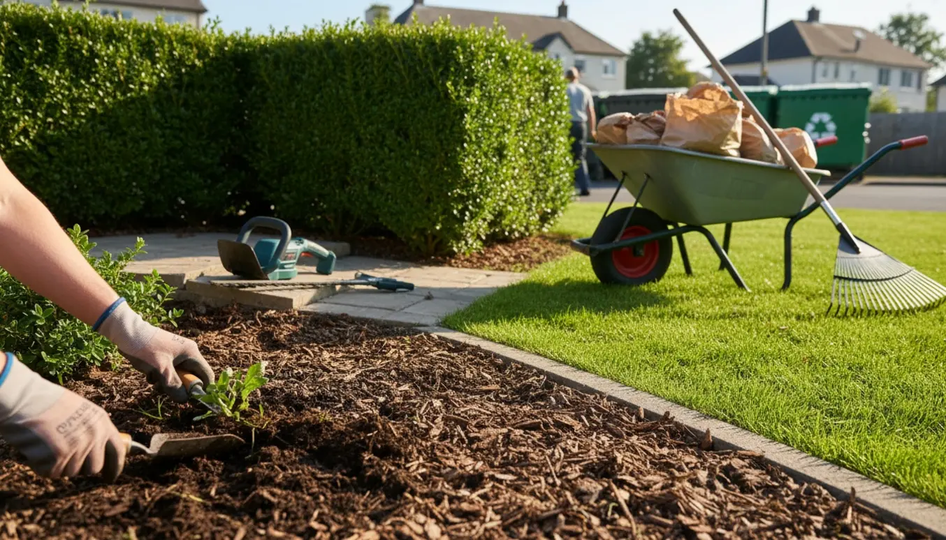 Havearbejde på en hjørnegrund med nyslået kant, hækklipning og poser med haveaffald klar til genbrug.
