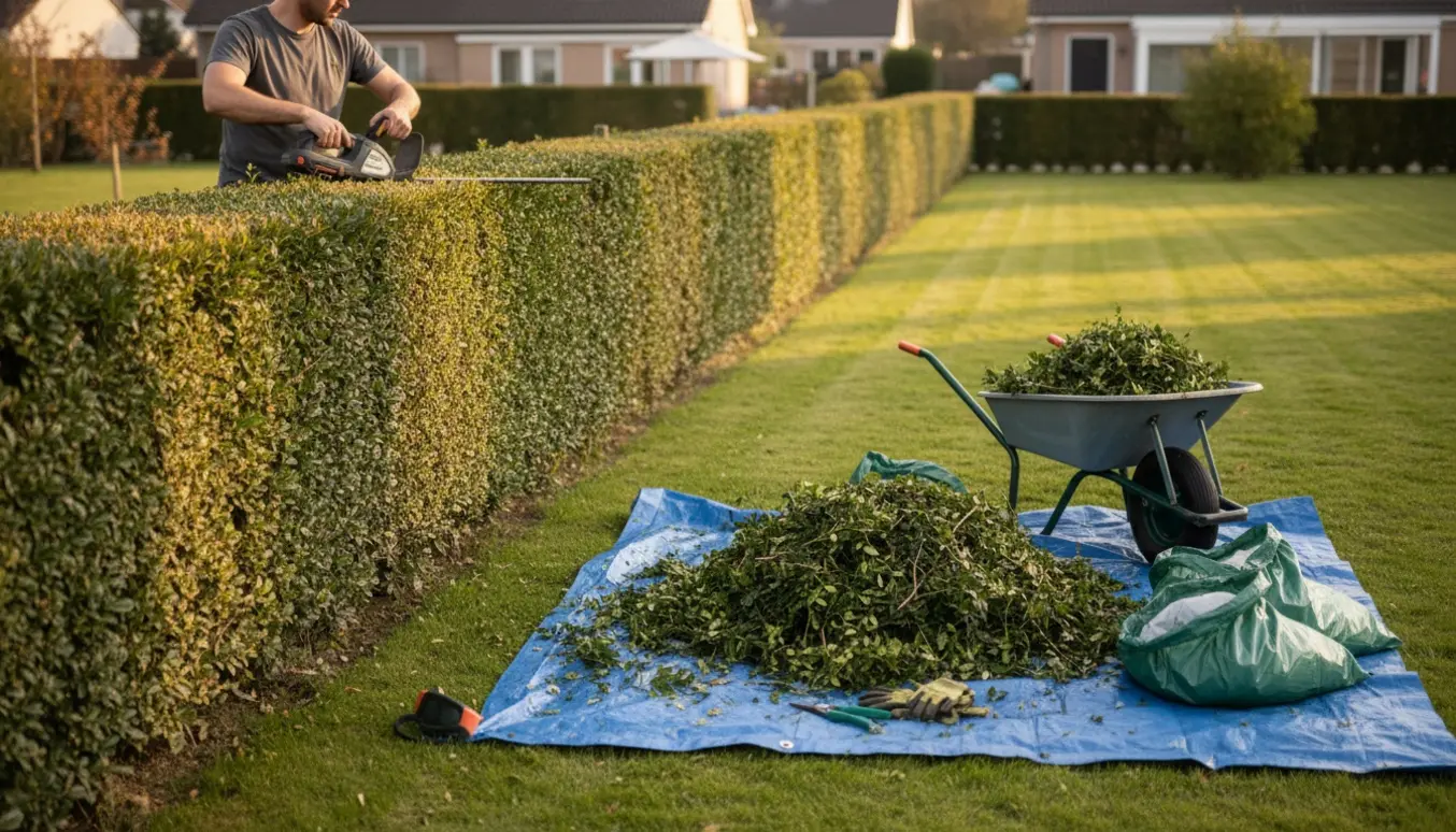 Lang ligusterhæk bliver klippet og afklip samlet i skubkærre og sække i et solvarmt forhavemiljø.