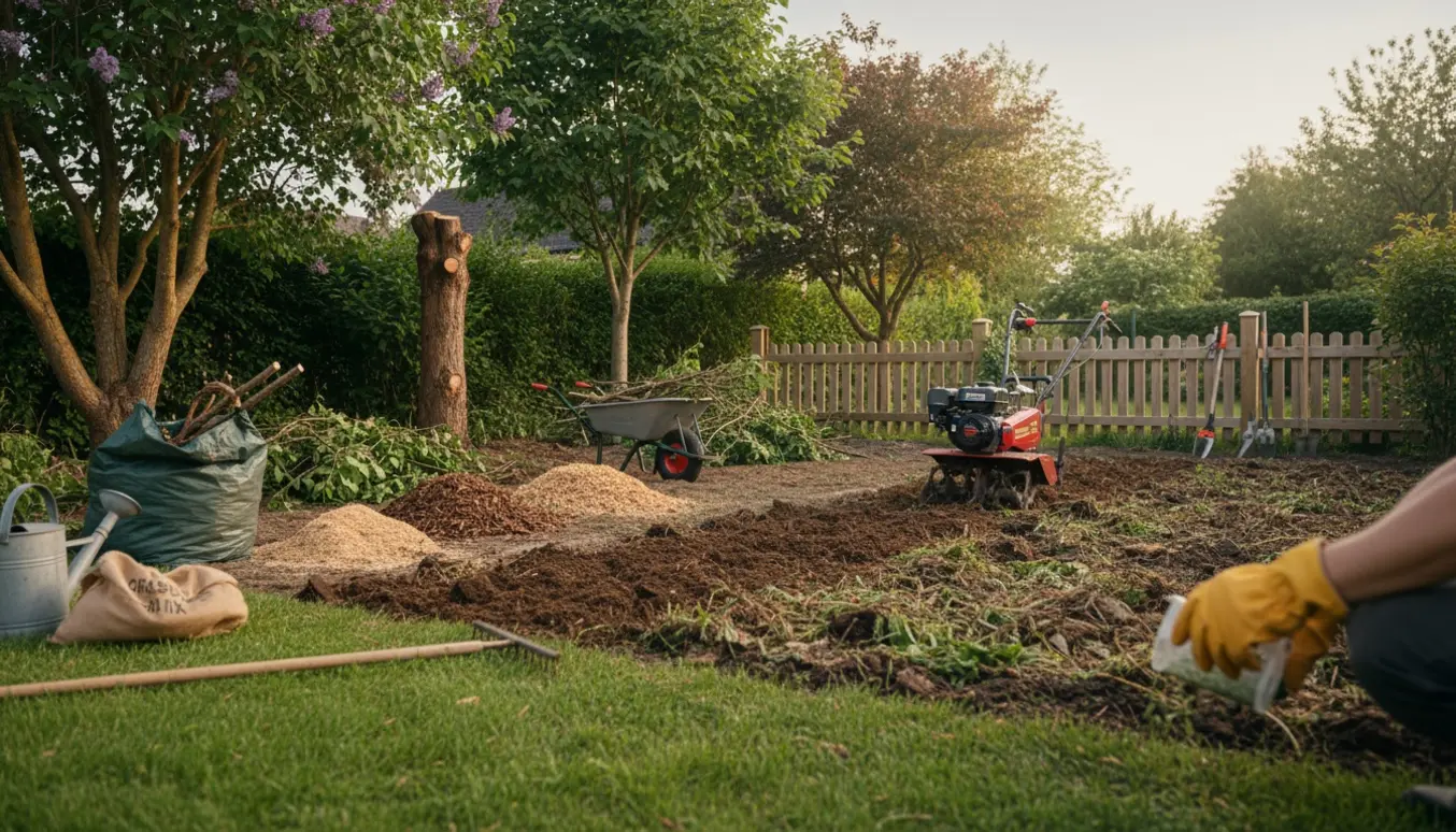 Have med nybeskårne træer, bunker af grene og en fræset blomsterbed klar til såning af græs.