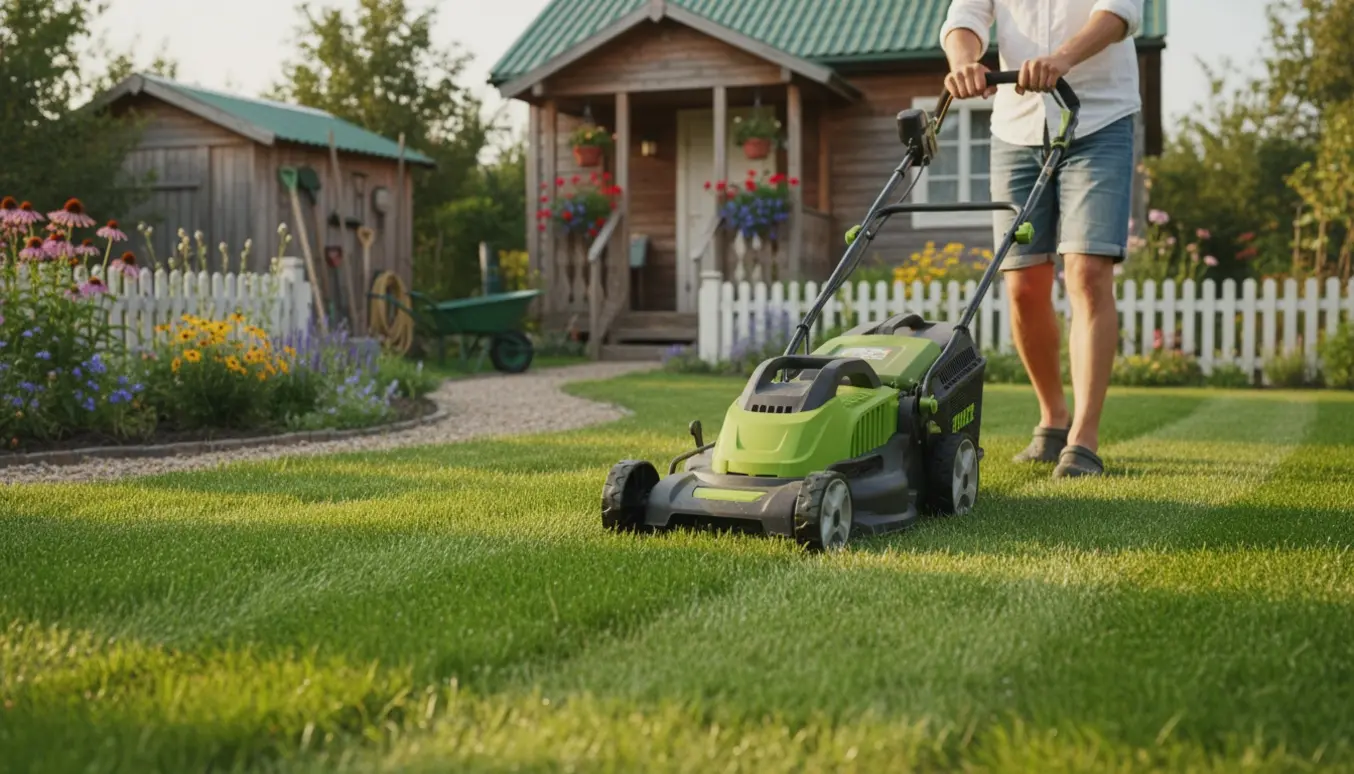 Plæneklipper klipper en lille græsplæne i en sommerhushave med træhus og blomsterbede i baggrunden.