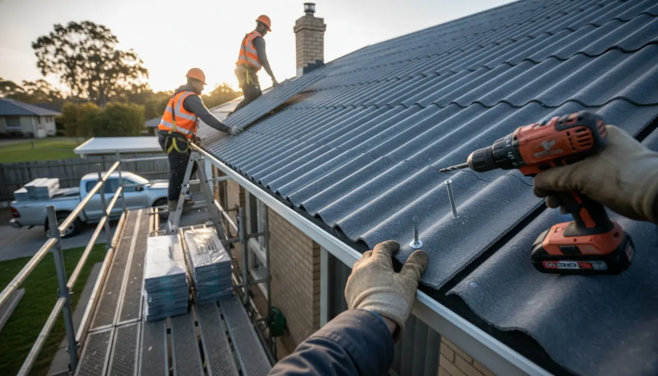Tagarbejdere lægger nye B7 eternitplader på et tag med stakke af plader og værktøj i baggrunden.