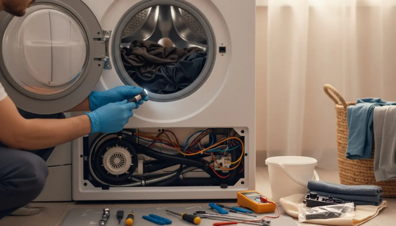 Hænder arbejder på en frontbetjent vaskemaskine med vådt tøj i tromlen og værktøj ved siden af.