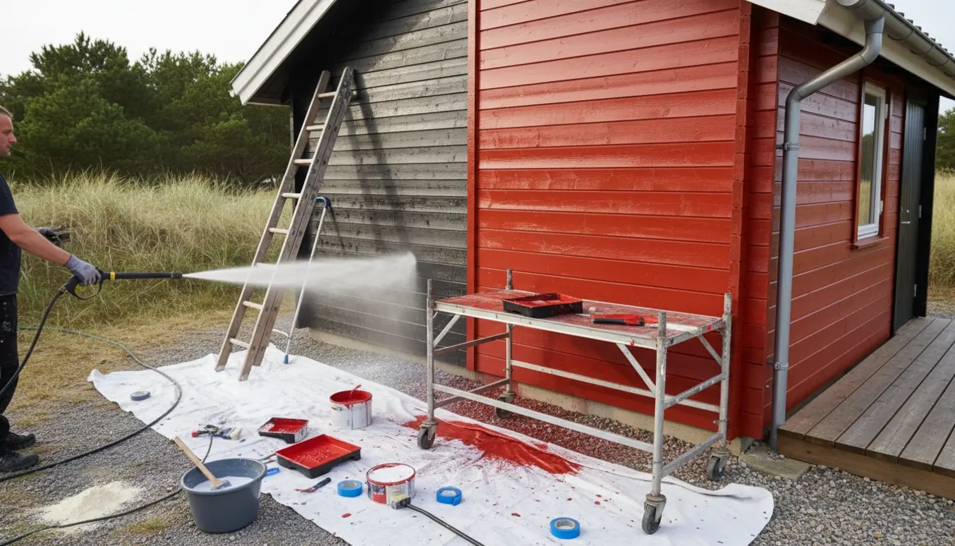 Sommerhus udvendig under renovering, halvt sort og halvt nymalet svensk rød med malerredskaber i forgrunden.