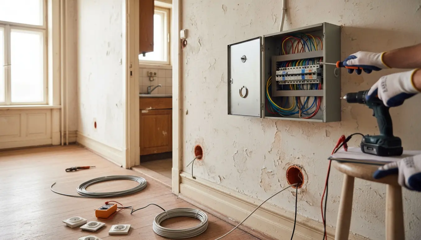 Åbent el-tavle og elektrikere arbejder med nye ledninger i en ældre toværelses lejlighed.