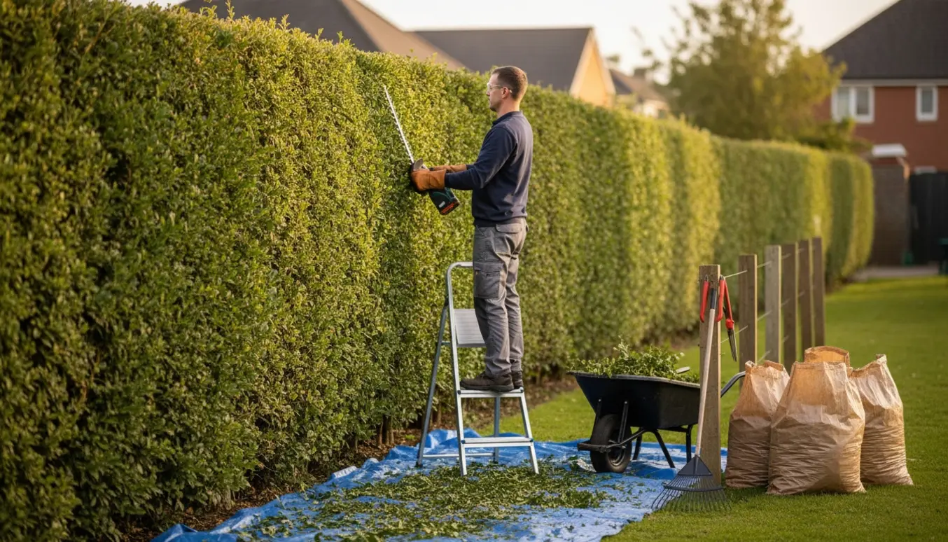 Lang ligusterhæk klippes med elektrisk hækklipper, afklip samlet i trillebør og sække.