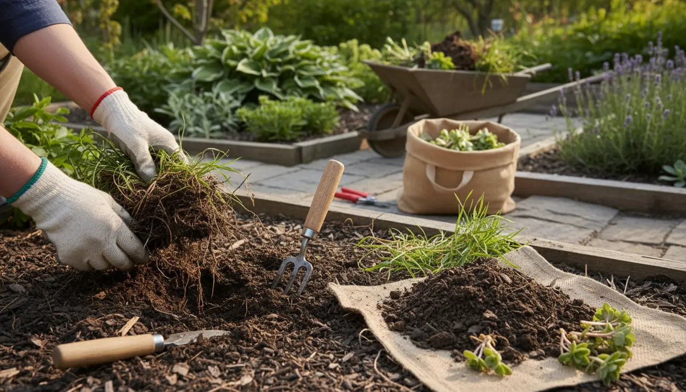 Gloveklædte hænder fjerner vildt græs og tynder stauder i en lille have med haveredskaber og en trillebør i baggrunden.