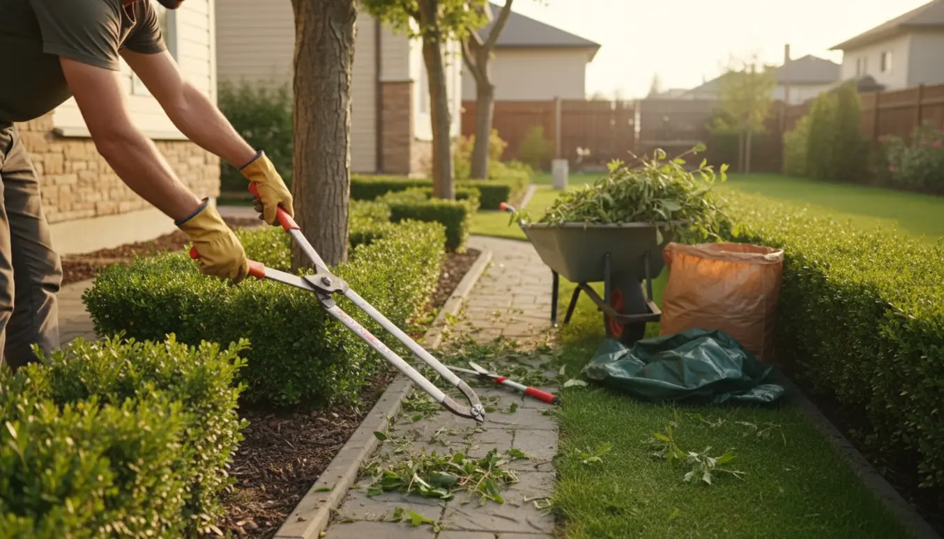 Nærbillede af beskæring og ukrudtsrens foran et parcelhus med trillebør og afklips.