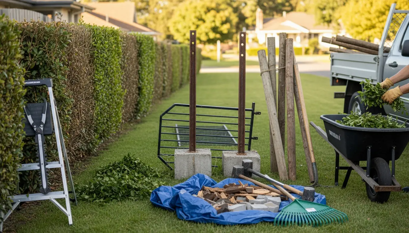 Friskklippet hæk ved en forhave med en nedtaget smedejernsport og buntede løse stolper klar til afhentning.