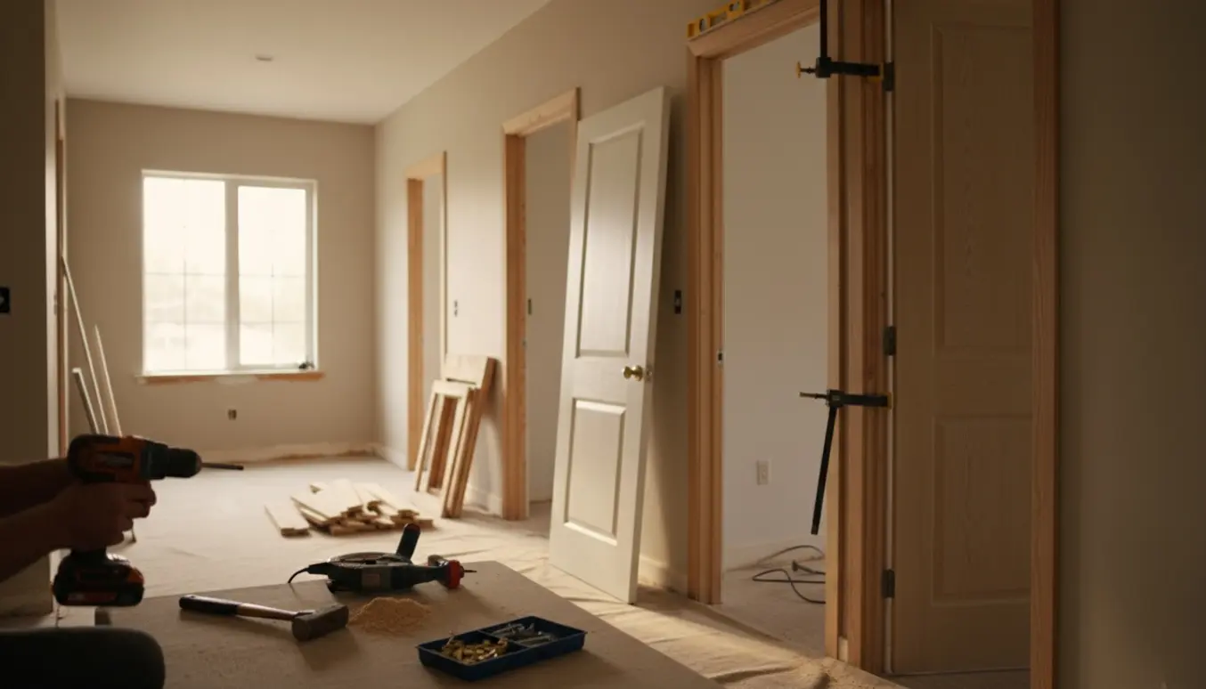 Nærbillede af udskiftning af indvendige døre i en lys gang med nye døre, gamle dørkarme og værktøj.