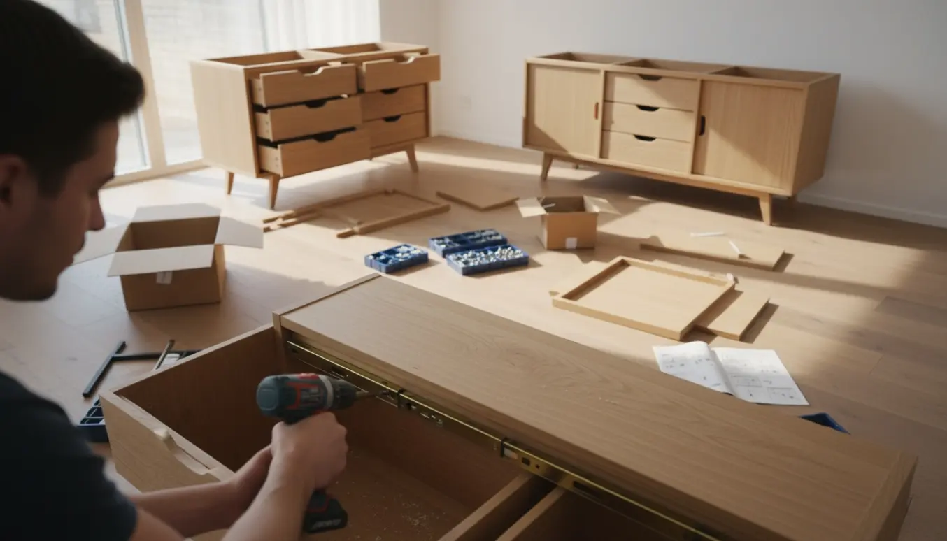 Hænder samler kommoder og en skænk i en soloplyst stue med træplader, skruer og elskruetrækker.