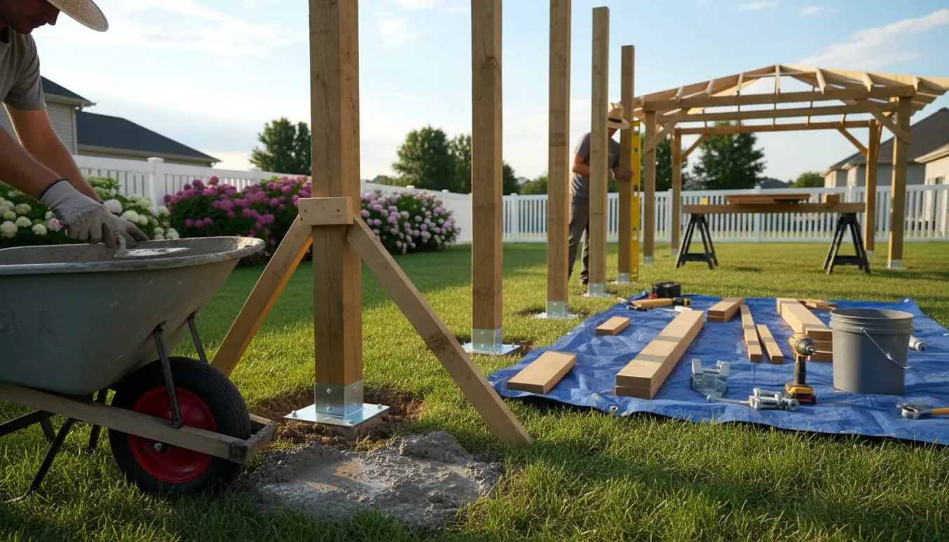 Seks stolper støbes i baghaven, mens en pavillon monteres med værktøj og materialer i fokus.