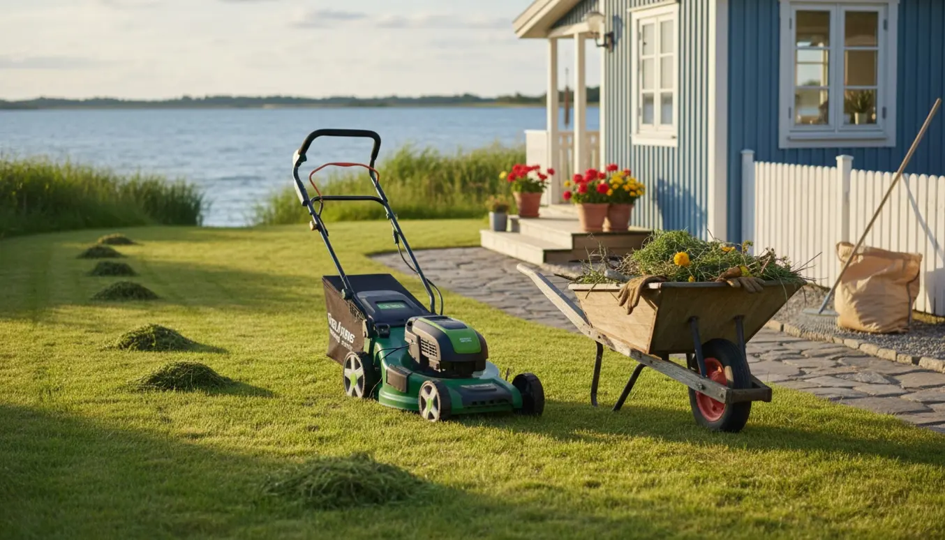 Nyklippet græs ved et sommerhus i Frølunde Fed med plæneklipper, kanttrimmer og trillebør fyldt med ukrudt.