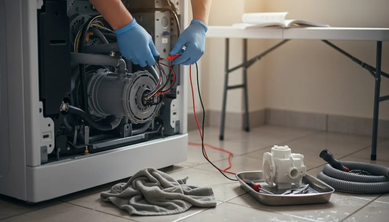 Tekniker inspicerer en åben vaskemaskine med multimeter og værktøj i et lyst vaskerum.