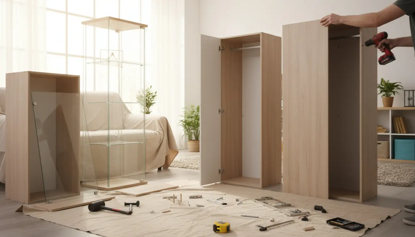 Hænder samler tre forskellige skabe i et lyst rum med værktøj og materialer spredt omkring.