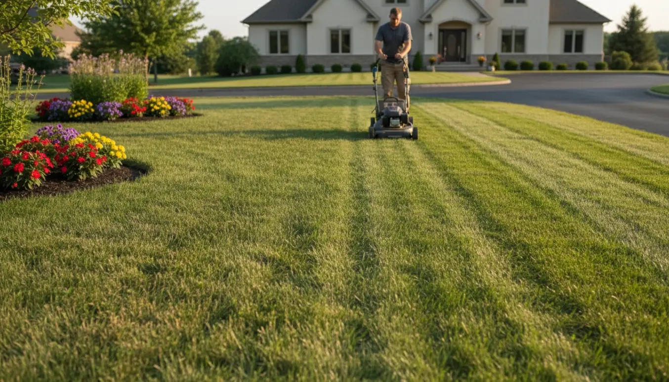 Nærbillede af en nyslået, velplejet forhave med en plæneklipper i arbejde.