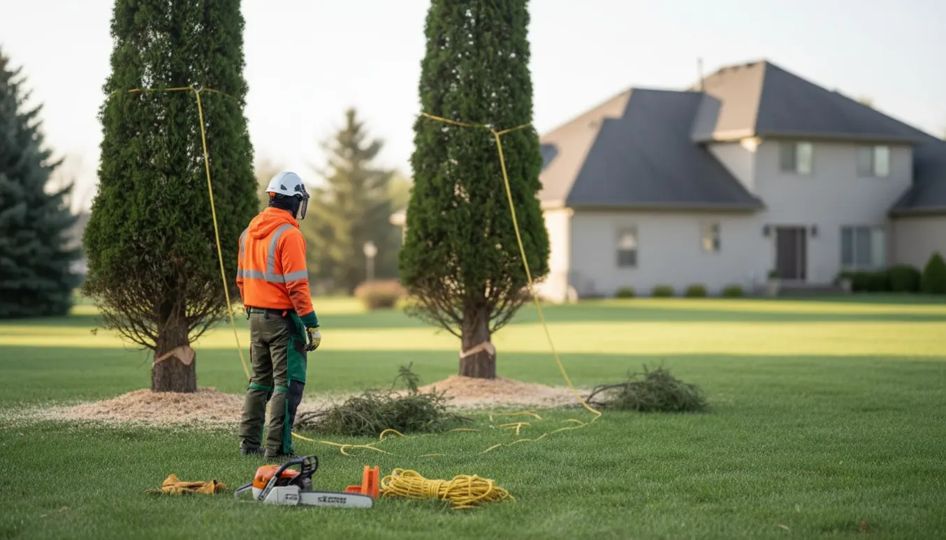 Erfaren arborist forbereder fældning af to store nåletræer tæt ved et hus med reb og motorsav på græsplænen.