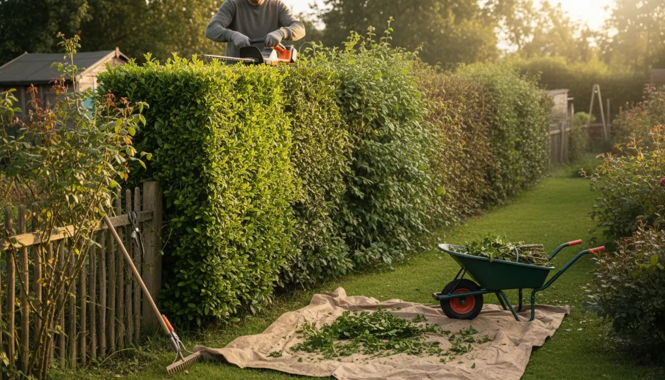 Gammel ligusterhæk klippes på den ene side, med afklip samlet i trillebør og på presenning.