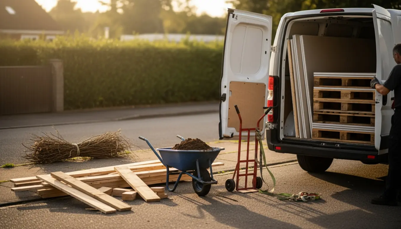 Tre paller, træ, gipsplader, jord og grene læsses i en varevogn ved fortovet.