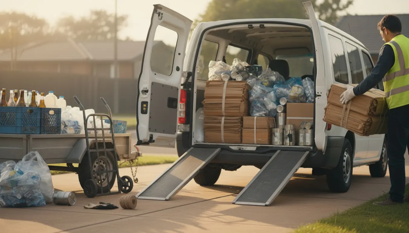 En arbejder læsser sorteret affald — foldet pap, flasker og dåser — ind i en lille varevogn på en solrig indkørsel.
