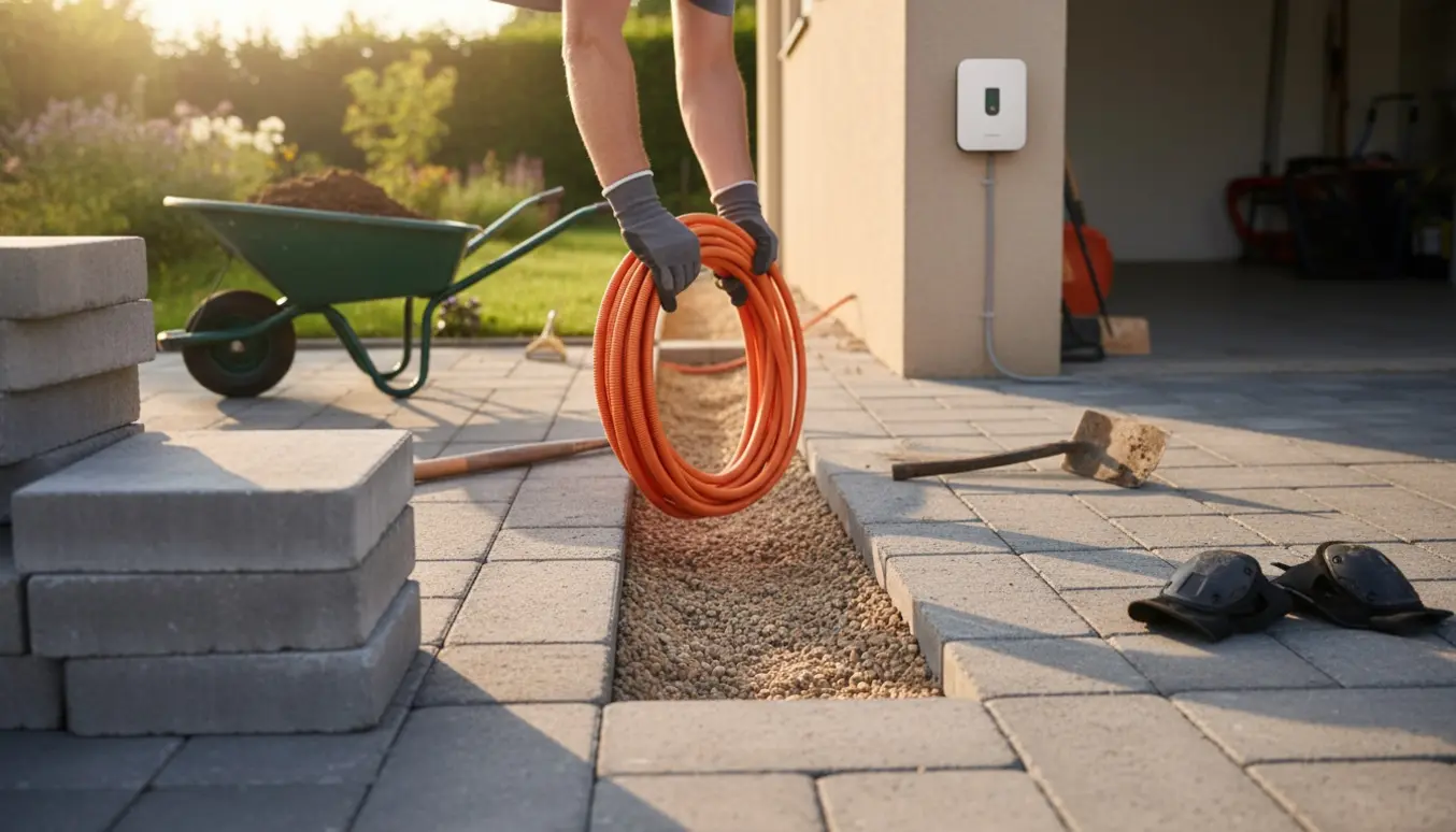 Kabel trækkes i en udgravet rende under afløftede fliser fra garage til flisekant.