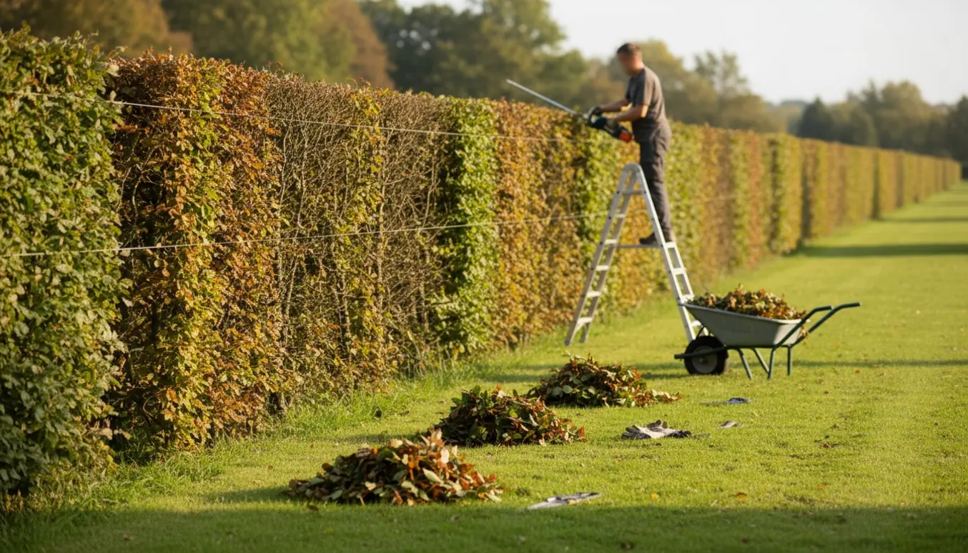 En lang bøgehæk under beskæring med hækkeklipper, en line, klippeaffald og haveredskaber på græsset.