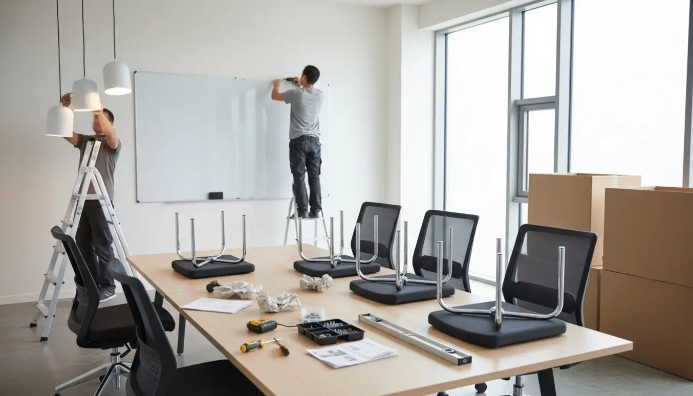 Møderum hvor et whiteboard monteres, kontorstole samles og lamper hænges op.