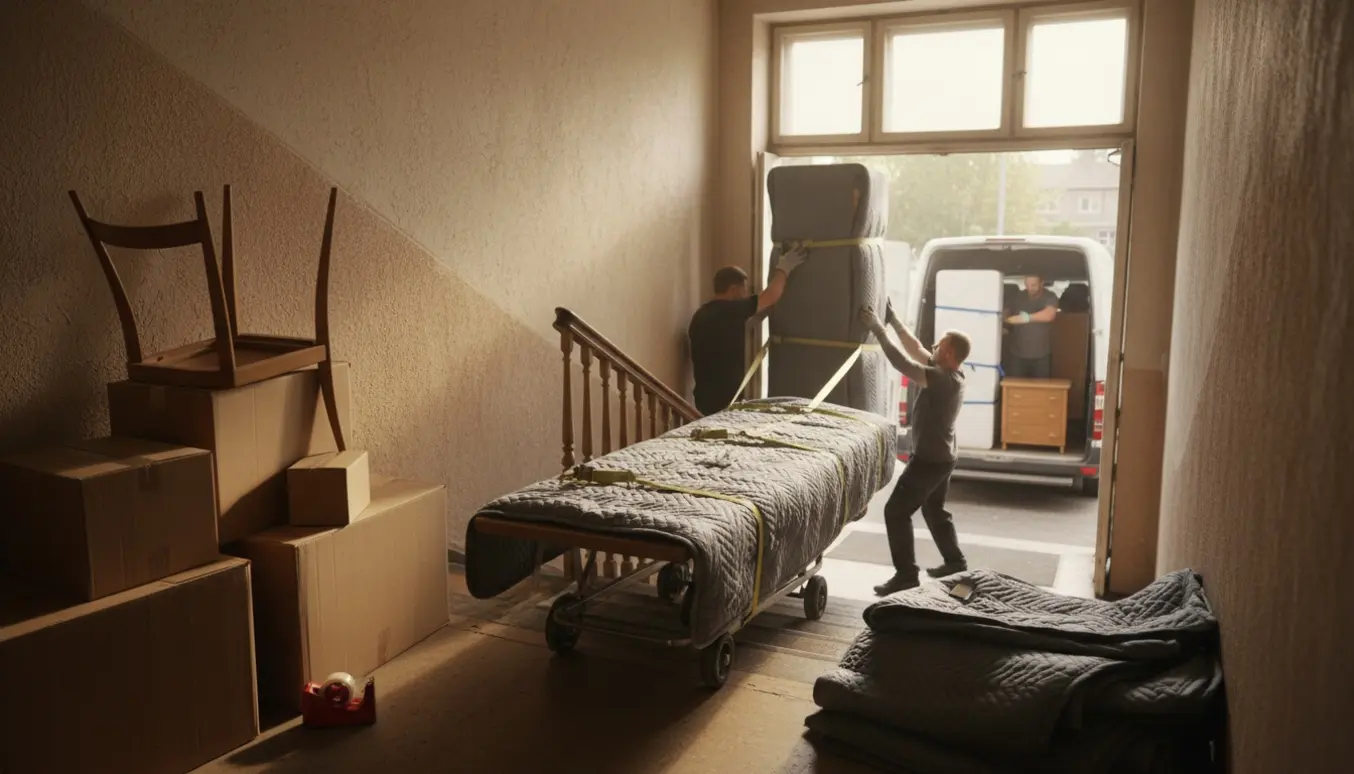 Hjælpere bærer et indpakket skab op ad en trappe med flyttekasser og en varevogn i baggrunden.