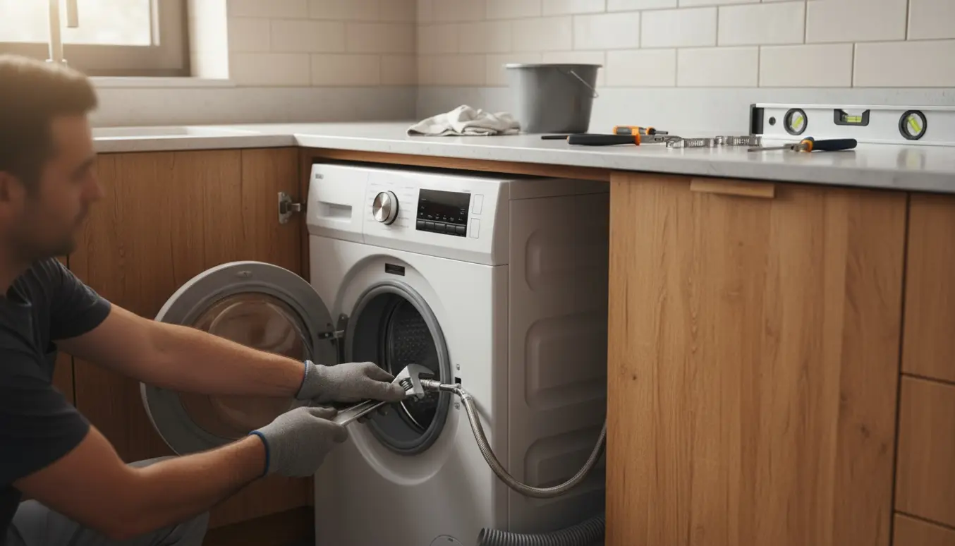 Hænder monterer en vaskemaskine i et køkkenskab med værktøj og vandtilslutninger.