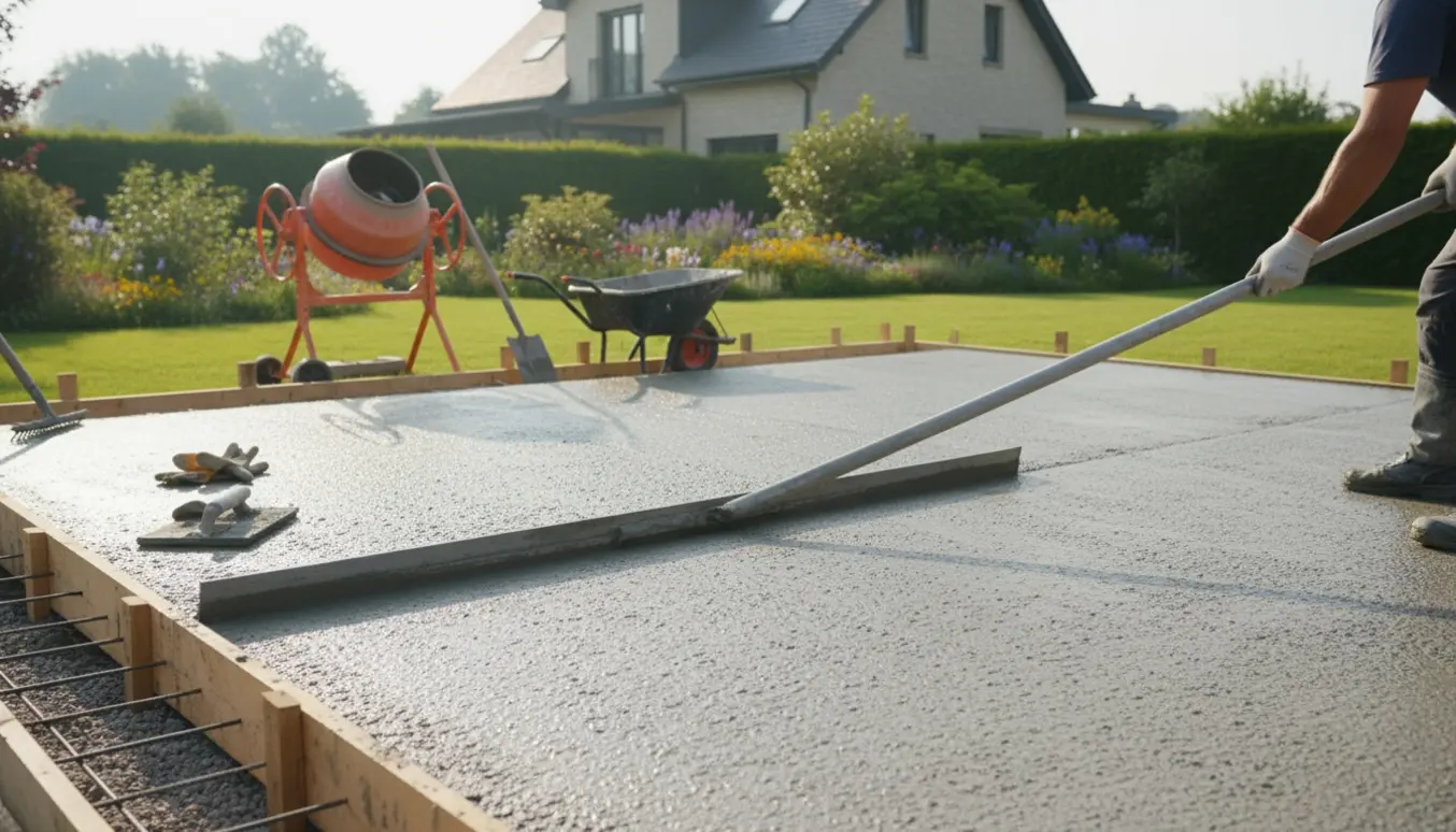 Nyopstøbt betonterrasse i have med værktøj og afretning af den våde overflade.