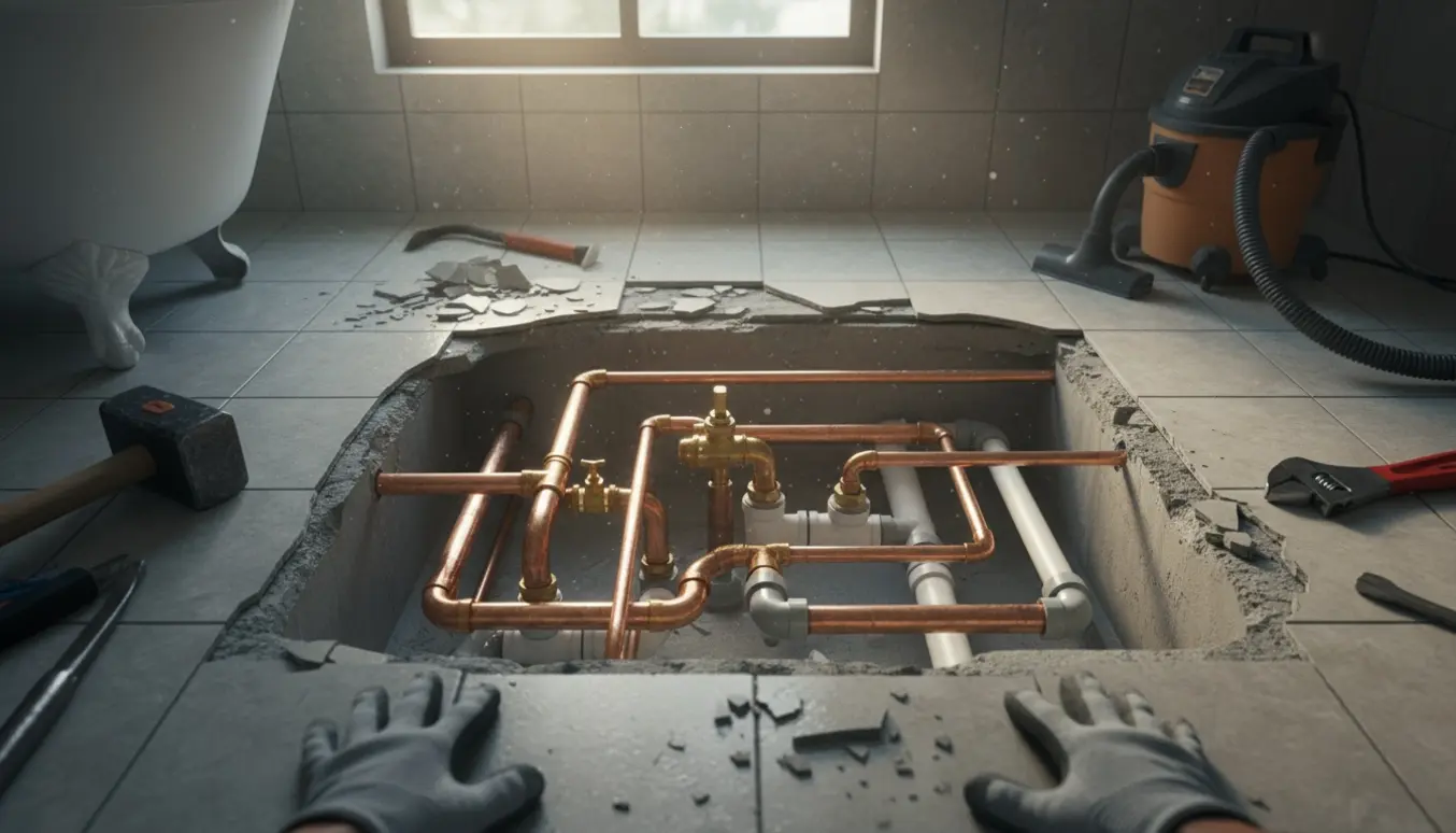 Opbrudt badeværelsesgulv med blottede VVS-rør og værktøj i naturligt dagslys.
