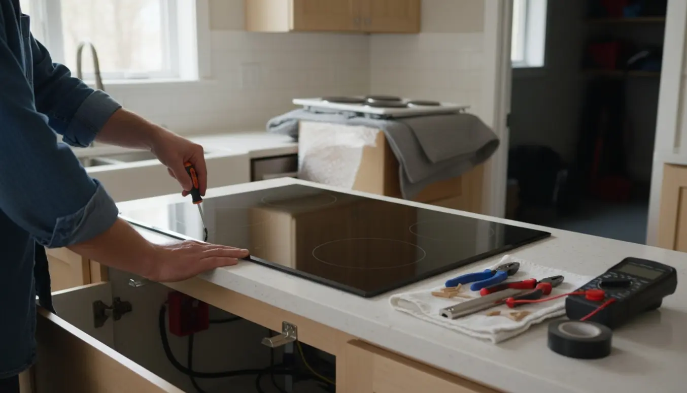 En ny induktionskogeplade installeres i et lejlighedskøkken, mens den gamle plade pakkes ned til kælderen.