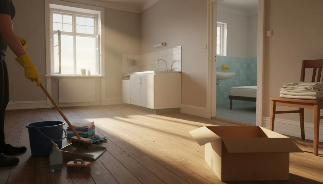 En ældre lejlighed på ca. 60 m² bliver gjort rent før fraflytning med lille koster, spand og klude i sollys.