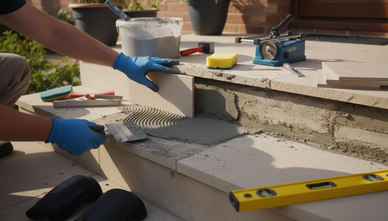Udendørs trappe ved husindgang, hvor nye fliser bliver lagt på et trin.