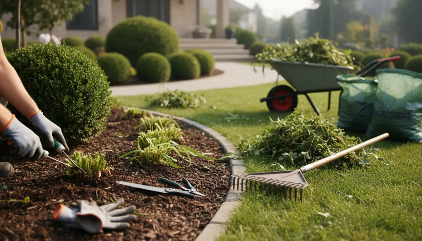 Have med ukrudtsrensning, beskårede stauder, trimmede buske, fyldte affaldssække og haveredskaber på en solrig morgen.