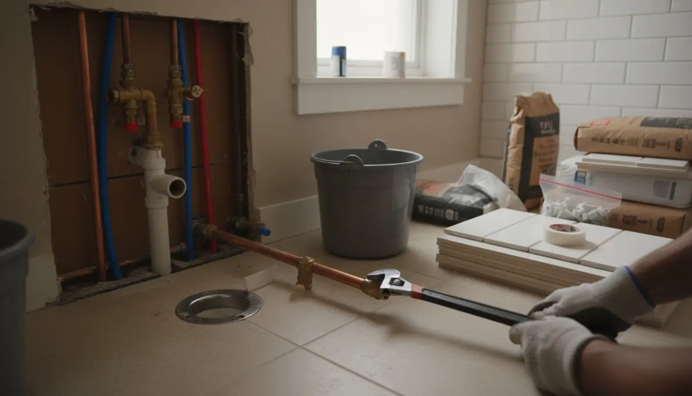 Badeværelse under renovering med afmonteret toilet og eksponerede rør klar til fliselægning.