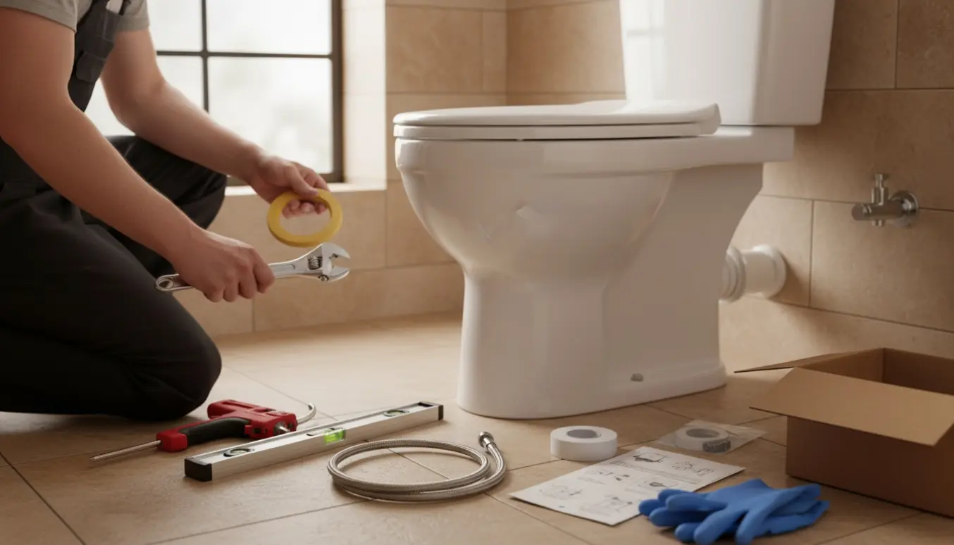 Håndværkerens hænder ved et nyt hvidt toilet i et lyst flisebadeværelse med værktøj klar til montering.