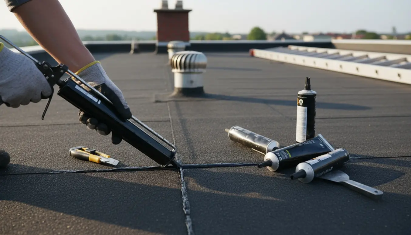 Hænder reparerer revne i fladt tagpap med fugepistol ved skorsten og ventilationskanaler.