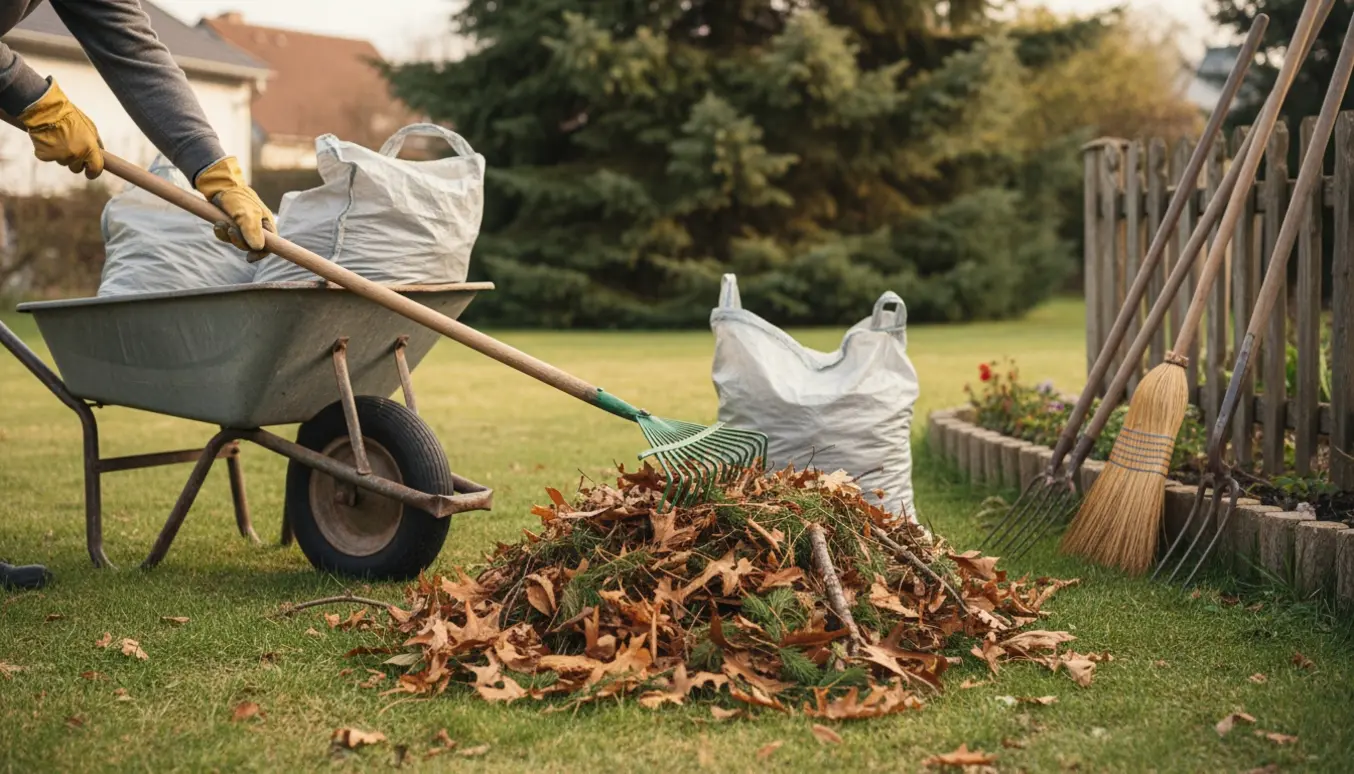 Handsker holder en rive mens blade, grannåle og grene rives sammen ved en villahave med sække og en trillebør klar til bortkørsel.