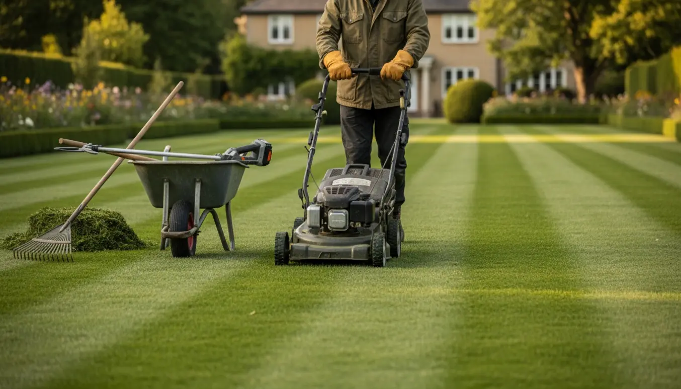 Havehjælp slår græs med en medbragt plæneklipper på en velplejet græsplæne med værktøj i baggrunden.
