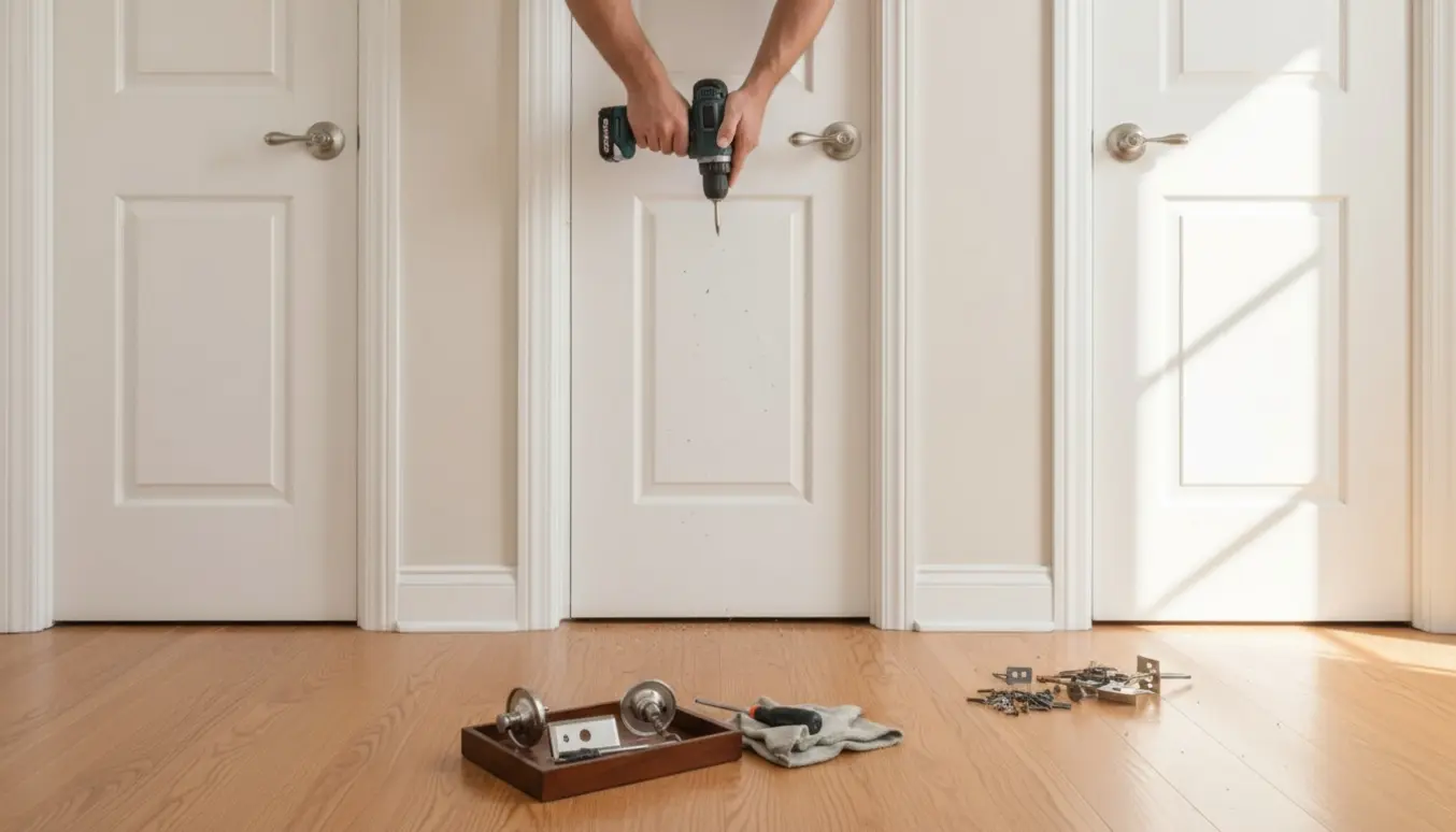 Hænder udskifter dørgreb på tre hvide inderdøre i en lys gang med værktøj og reservedele lagt frem.