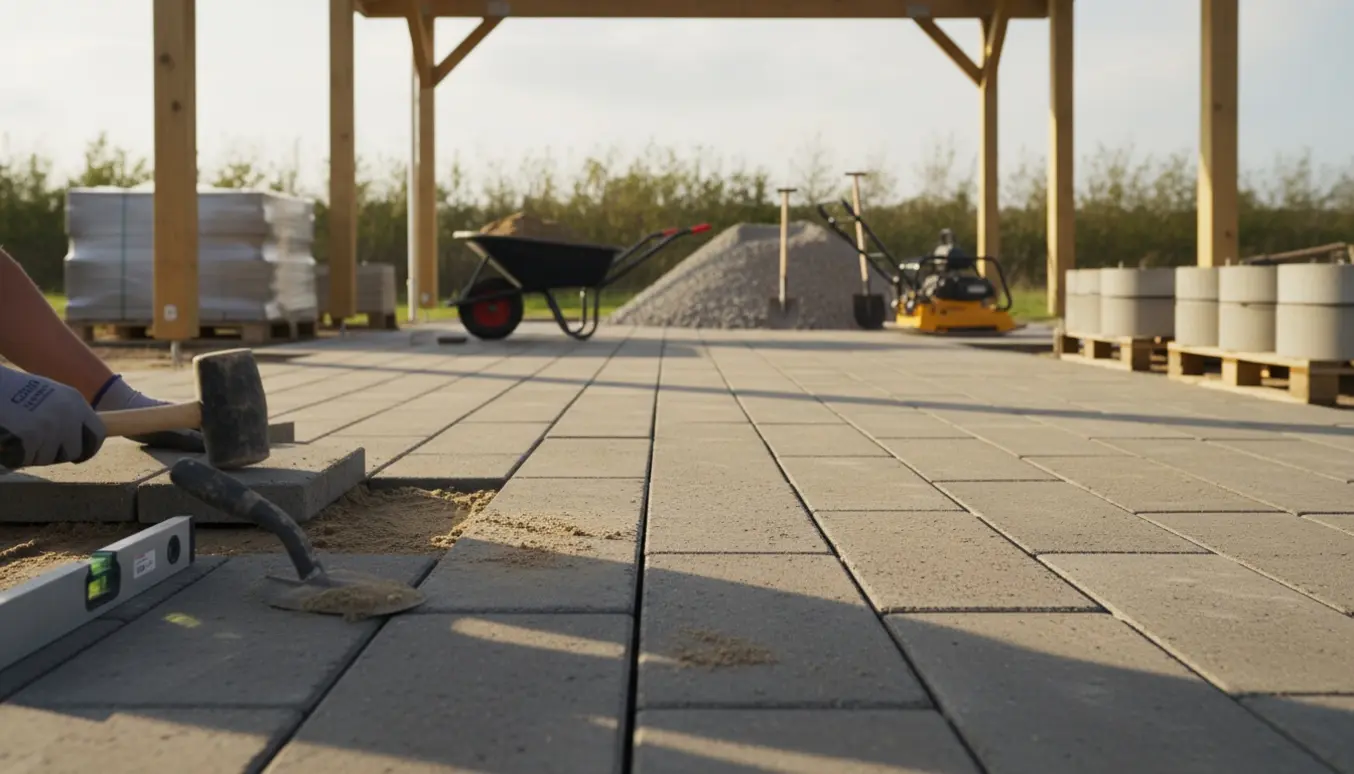 Delvist lagt flisebelægning i en carport med bunker af sand, stabilgrus, værktøj og stak af fliser.