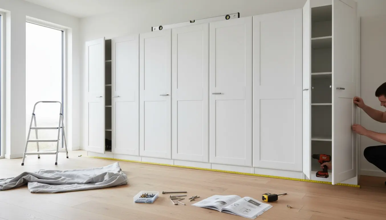 Lyst rum med fem samlede hvide skabe på række (to brede og tre smalle) og værktøj i forgrunden.