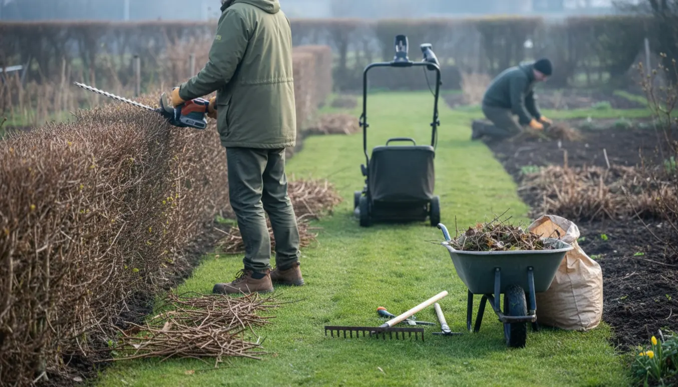 Havehjælp klipper hæk og slår græs i en tidlig forårshave, med opsamling af afklip og rydning af bede.