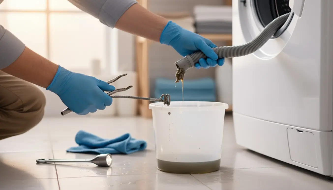 Hænder i gummihandsker renser afløbsslangen fra en vaskemaskine, med vand, spand og værktøj på flisegulvet.