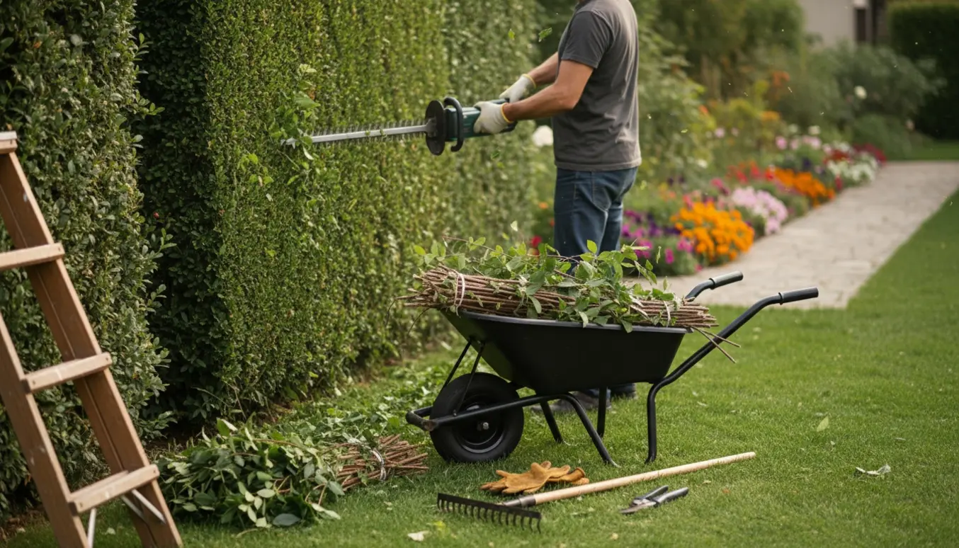 Nærbillede af hækkeklipperi i en velordnet have med værktøj og trillebør i forgrunden.