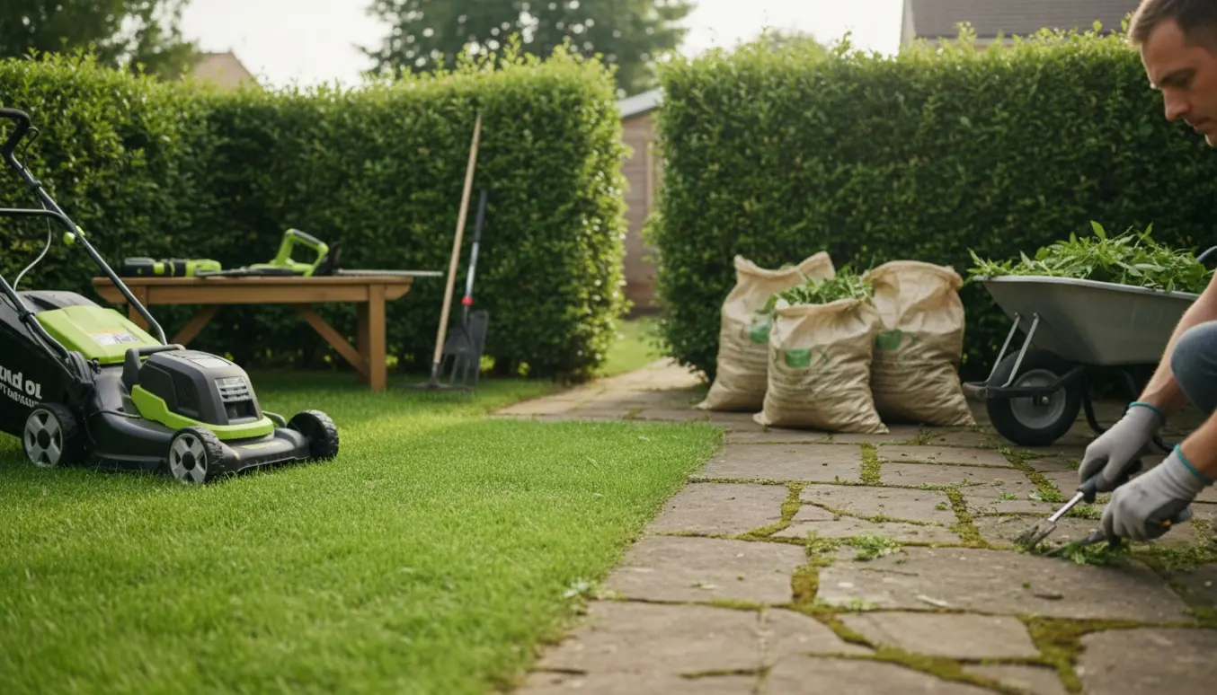 Lille have med nyslået græs, nyklippet hæk, fjernet ukrudt mellem fliser og haveredskaber klar til afhentning.